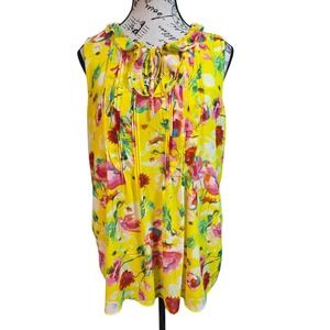 Vibrant Floral Boho Ruffle Neck Top - Yellow Rose & Olive Pintuck Blouse L